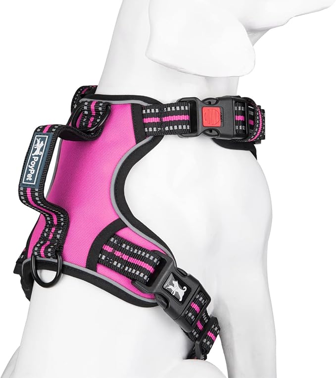 PoyPet No Pull Dog Harness, No Choke Front Clip Reflective Dog Vest with Soft Padded Vertical Handle, 3 Leash Attachments for Small Medium Large Dogs (Pink,L)