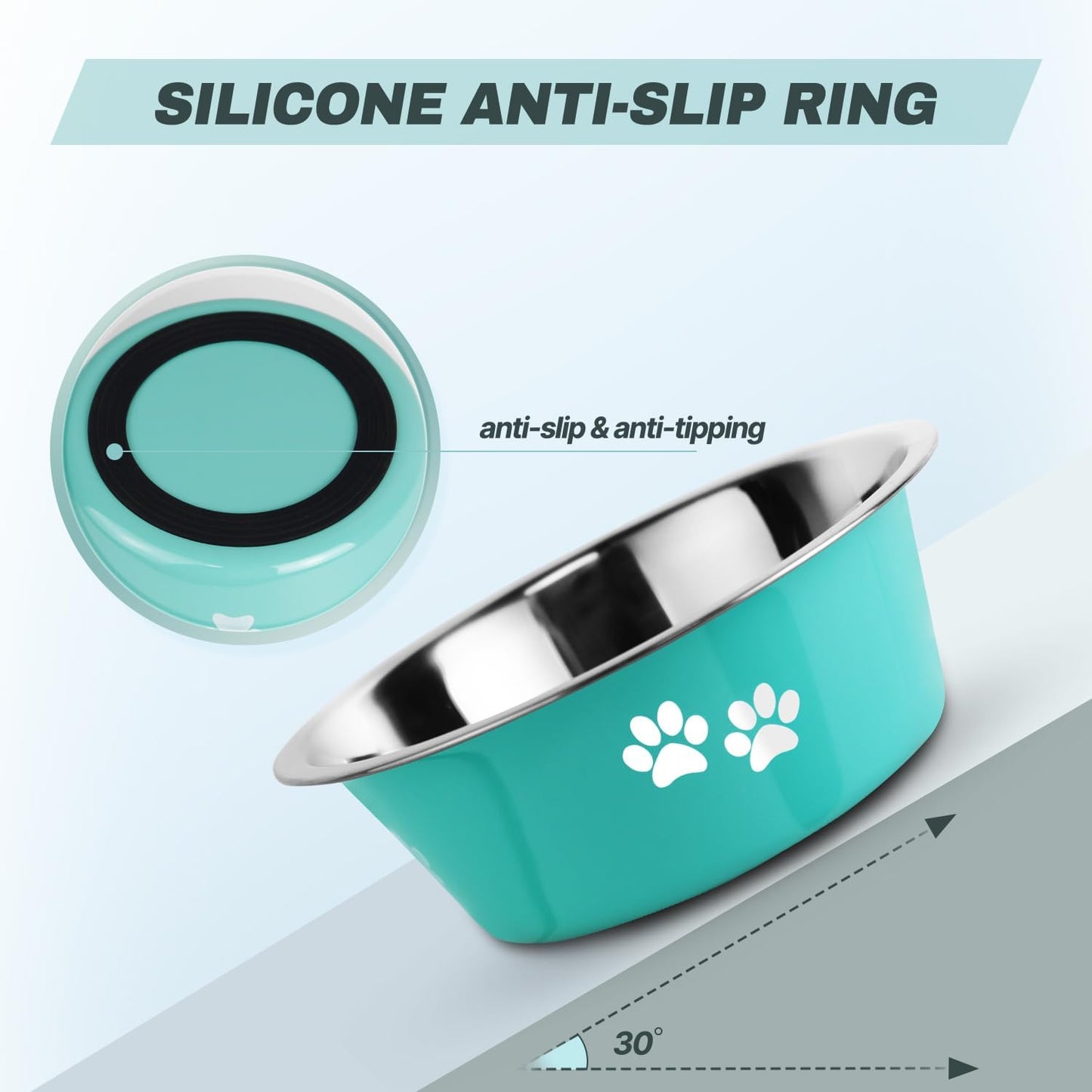 Stainless Steel Dog Bowls, Nonslip Rubber Bottom No Spill Proof Skid Metal Insulated Dog Bowls for Large Medium Small Breed Dogs (Green, 8.5 Cups/71 OZ)