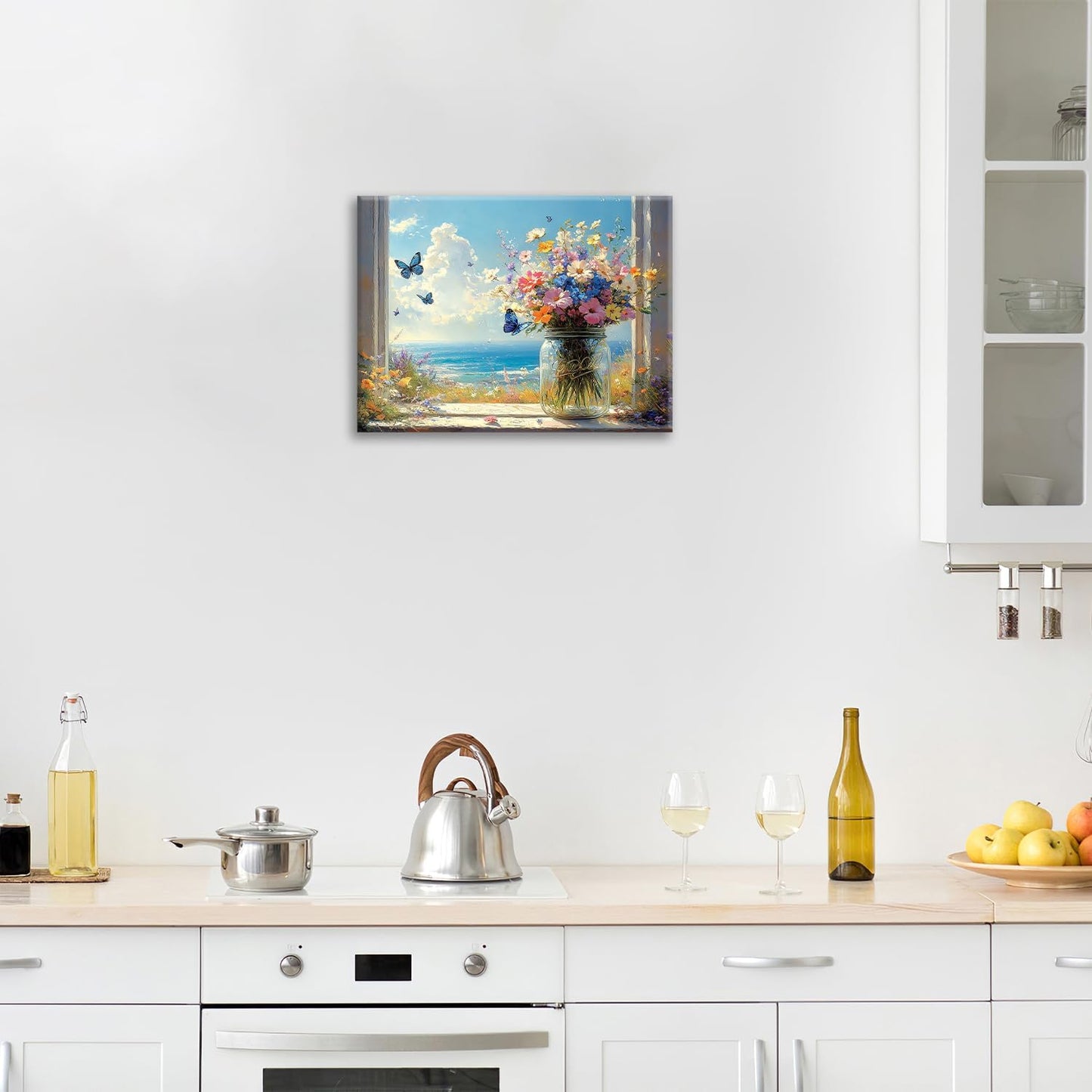 Beach Floral Bathroom Pictures Wall Art, Colorful Flower Bathroom Wall Decor, Coastal Ocean Framed Painting Canvas Artwork for Bedroom Living Room Decorations 20"L x 16"W