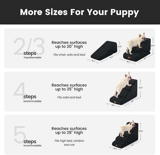Gardner Pet Dog Stairs for Small Dogs 22.8" H, 5-Step Black Curved Pet Stairs, Dog Steps for High Bed, Couch (24-30 in) with Durable Non-Slip Waterproof Fabric Cover and CertiPUR-US Certified Foam