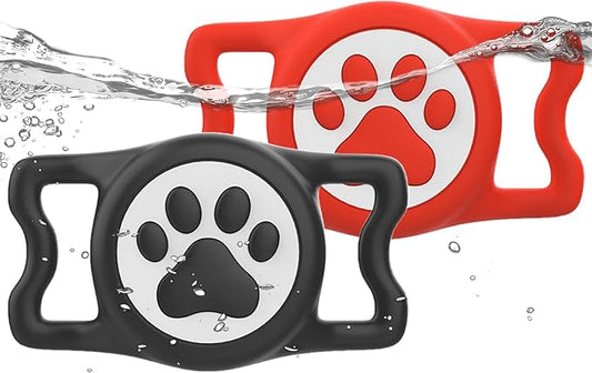 IP68 Waterpoof Dog Airtag Holder, Stretchy Silicone Full Body Covered Apple Air Tag Holder for Dog Cat Collar Fit All Width Collar (Black/Red, 2 Pack)