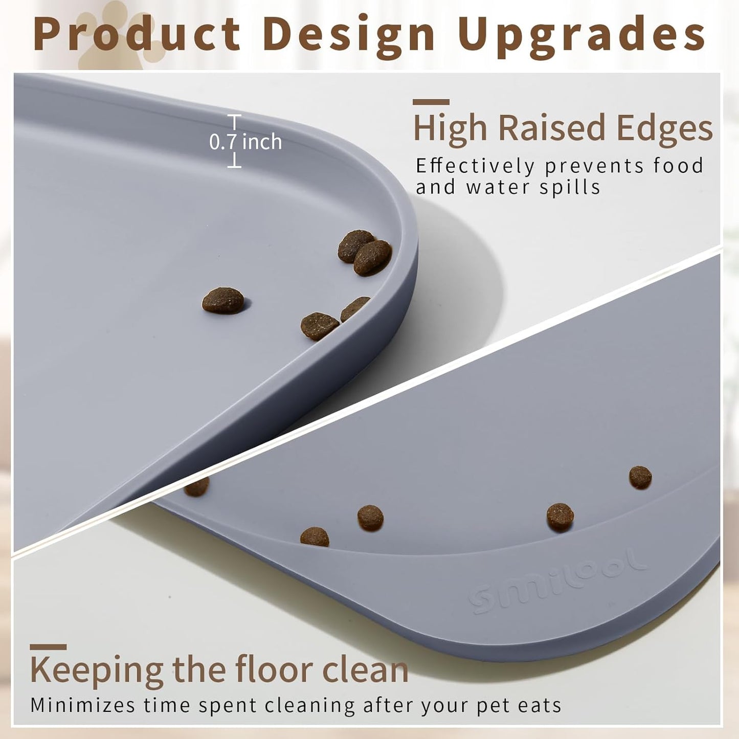 Silicone Pet Feeding Mat with Raised Edge & Residue Collection Pocket for Food and Water, Dog Bowl Mats, Cat Bowls Placemat with High Lip for Floor Waterproof, 19 x 12 x 0.7 Light Gray