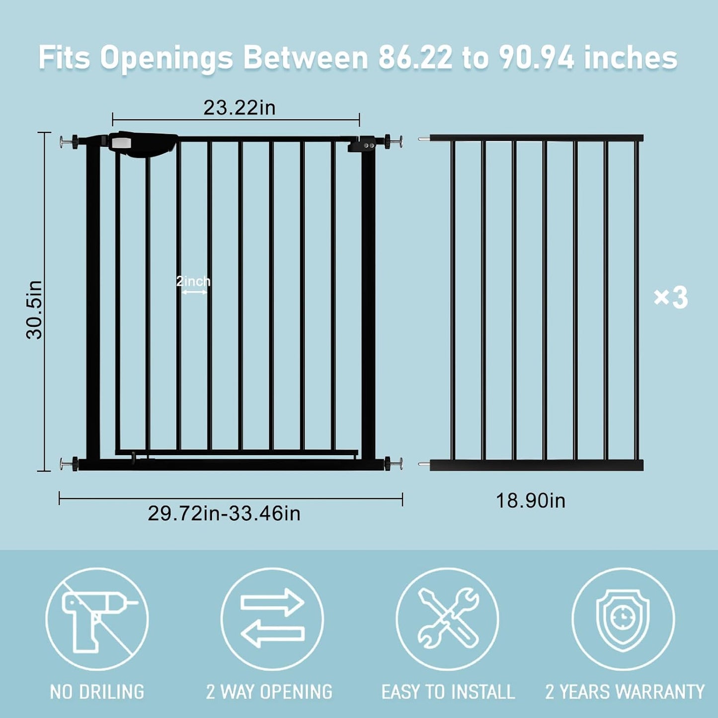 WAOWAO Triple Lock Baby Gate Extra Wide 86.22-90.55" Pressure Mounted Walk Through Swing Auto Close Safety Black Metal Dog Pet Puppy Cat for Stairs,Doorways,Kitchen