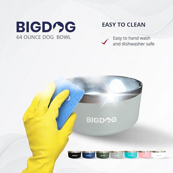 BigDog Dog Bowls, Dog Bowls for Large Dogs, Stainless Steel Dog Bowls, No Spill Dog Bowls, Dog Food and Water Bowl (64 Ounce, Grey)