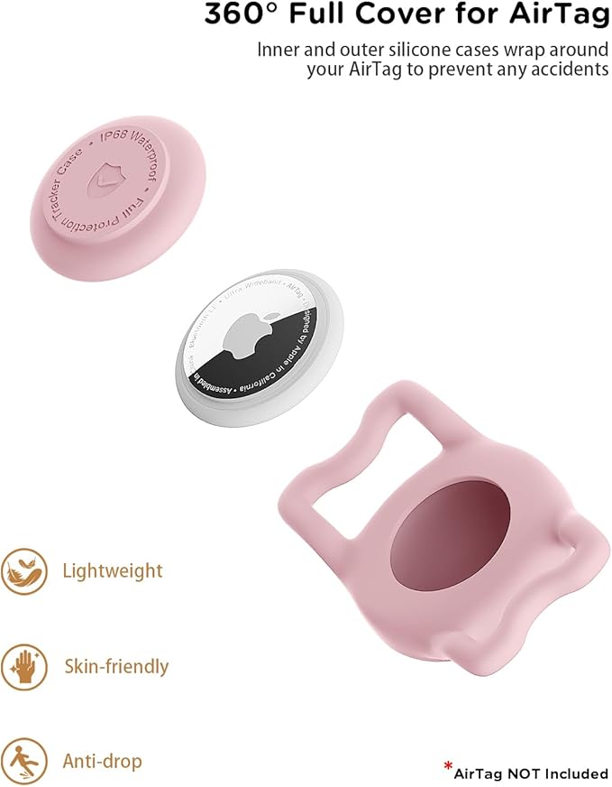 IP68 Waterpoof Dog Airtag Holder, Stretchy Silicone Full Body Covered Apple Air Tag Holder for Dog Cat Collar Fit All Width Collar (Pink/Red, 2 Pack)