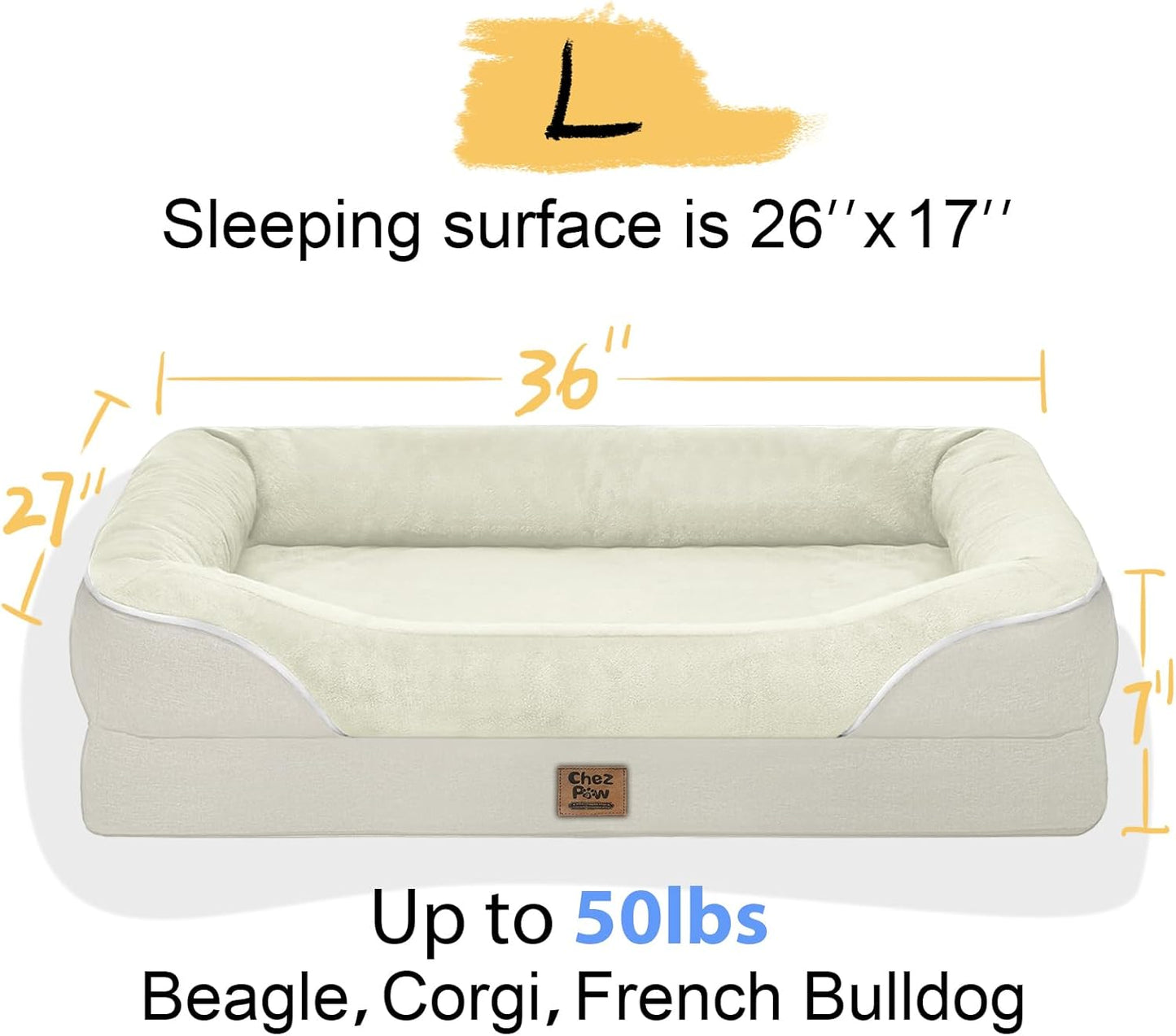 Orthopedic Washable Large Dog Bed - Egg Foam Dog Bed for Large and Medium Dogs Big Pet Beds with Removable Washable Cover and Bolster Non-Slip Bottom