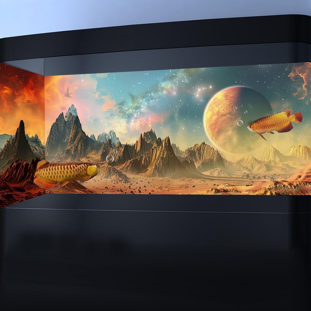 Cosmic Aquarium Background,Cool Galaxy Parallel Space Themed Fish Tank Background, Tropical Desert Terrarium Background 24X12IN with 8 EVA Double-Sided Tape