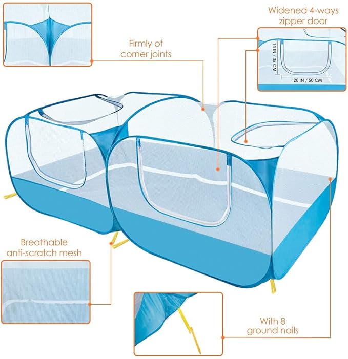 Lukovee Small Animals Playpen, Chicken Pen with Escape-Proof Detachable Bottom & 4 Zipper Doors, Breathable Foldable Portable Large Chicken Run Coop for Puppy Duck Kitten Rabbits Outdoor Yard (Blue)