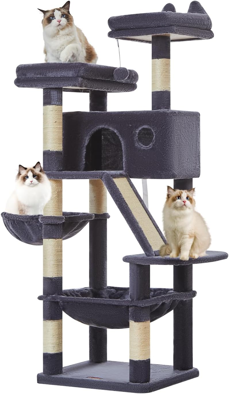 Taoqimiao Cat Tree 57.5-Inch, Cat Tower for Indoor Cats Large Adult, Extra Large Cat Condo, 8 Sisal Scratching Posts, Metal Frame Cozy Hammock, Durable Scratch Board, 2 Top Perches, Smoky Gray MS026G
