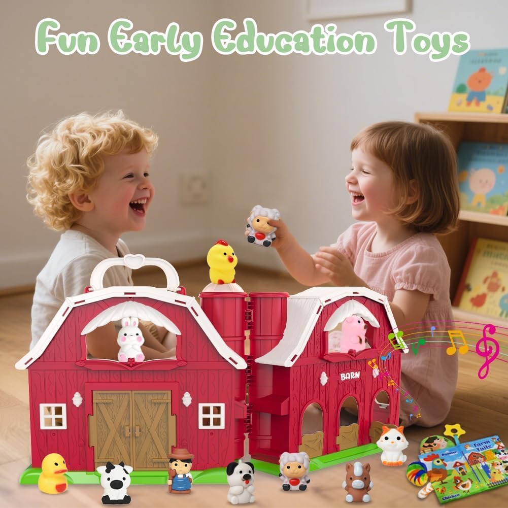 Big Musical Red Barn Toy Farm Animal Finger Puppets for 1 2 3 4 5 Years Old, Animal Figures Playset with Farm Tails Baby Book, Sensory Learning Toys Gift for Toddlers Boys Girls