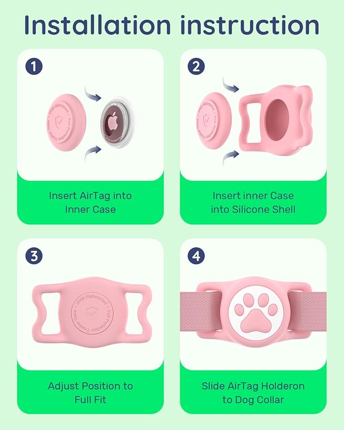 IP68 Waterpoof Dog Airtag Holder, Stretchy Silicone Full Body Covered Apple Air Tag Holder for Dog Cat Collar Fit All Width Collar (Pink, 1 Pack)