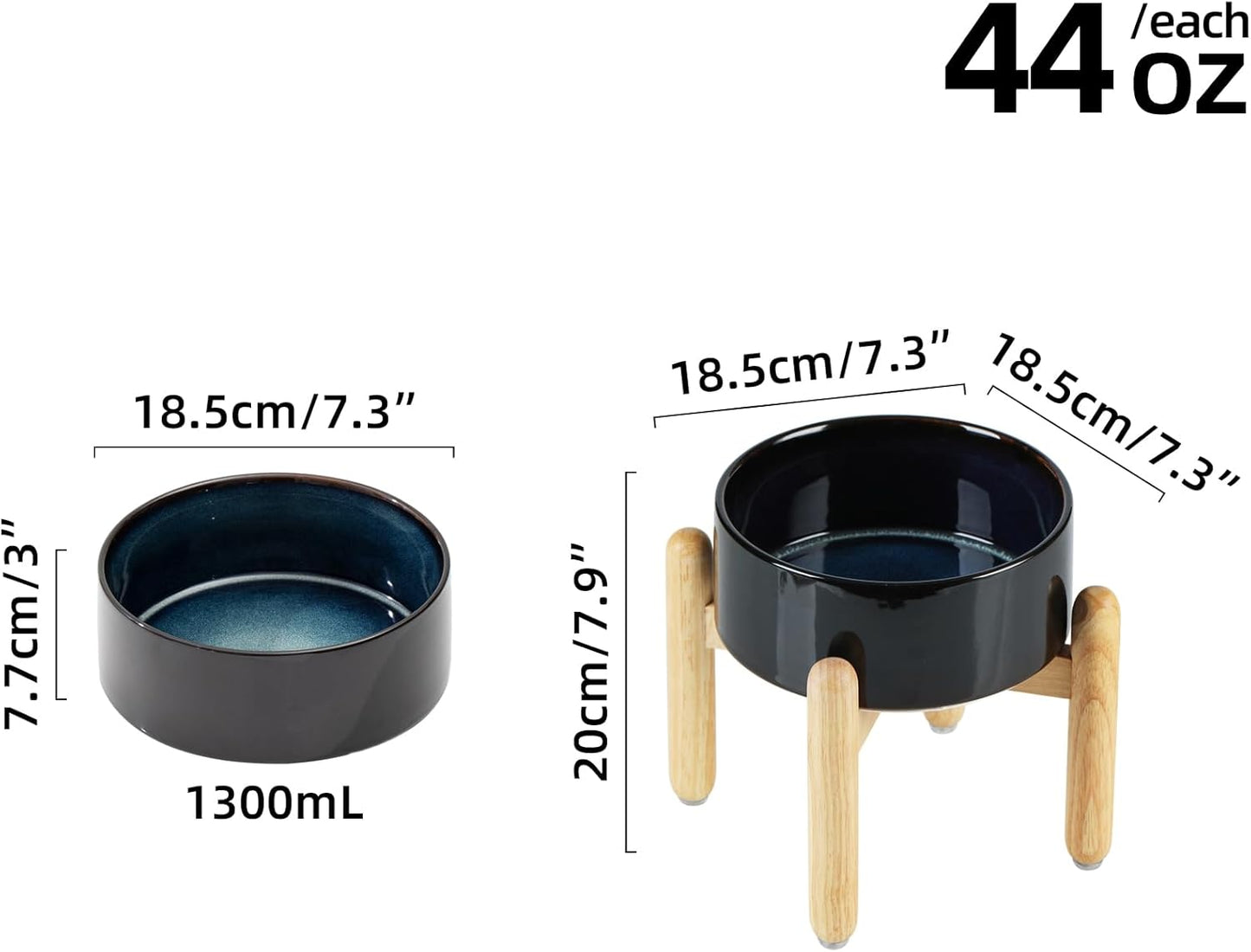 Ceramic 7.3inch Raised Dog Bowl Set, Elevated with Wooden Stand, Food and Water Bowl for Medium Breed Dogs, Weighted Dog Dishes, Pet Feeder(Starry Sky)