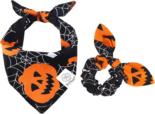 E-Clover Halloween Dog Bandanas-Pumpkin Dog Bandana Matching Scrunchie Triangle Pet Kerchief Scarf for Small Medium Large Dogs Pet Black
