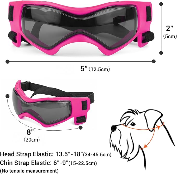 Dog Goggles Dog Sunglasses for Medium Breed UV Protection Windproof with Adjustable Head Straps Chin Straps for Ride Car/Hiking Travel/On Beach-Pink