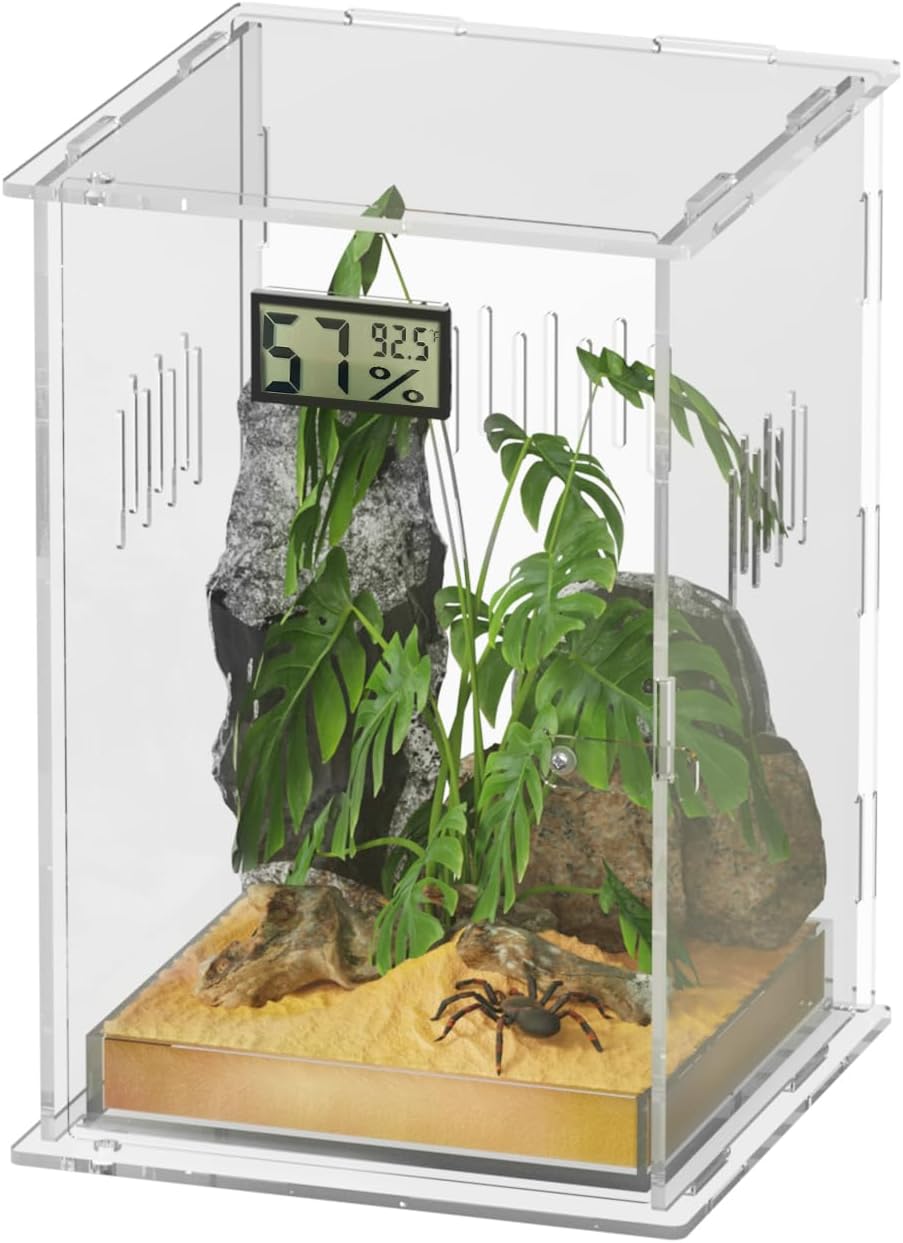 Reptile Terrariums with Temperature Hygrometer, 5.9"x5.9"x9.8" Acrylic Breeding Box Terrarium Cage Tank for Small Reptile Insect Home Office (Arboreal)