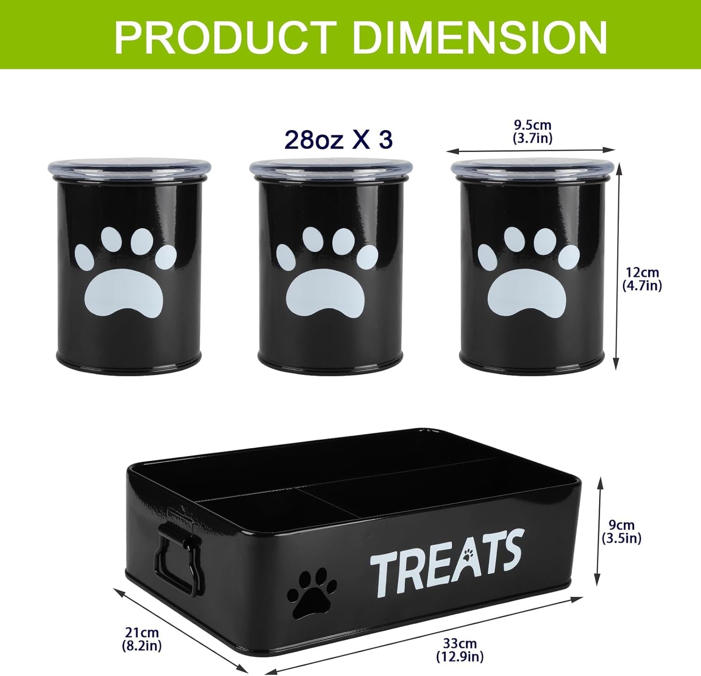 28oz Metal Dog Treat Container Set of 3,Dog Treat Jars with Airtight Lids,Cat Treat Jar,Dog Treat Canister for Countertop,Coated Galvanized Steel Dog Treats Station-Black