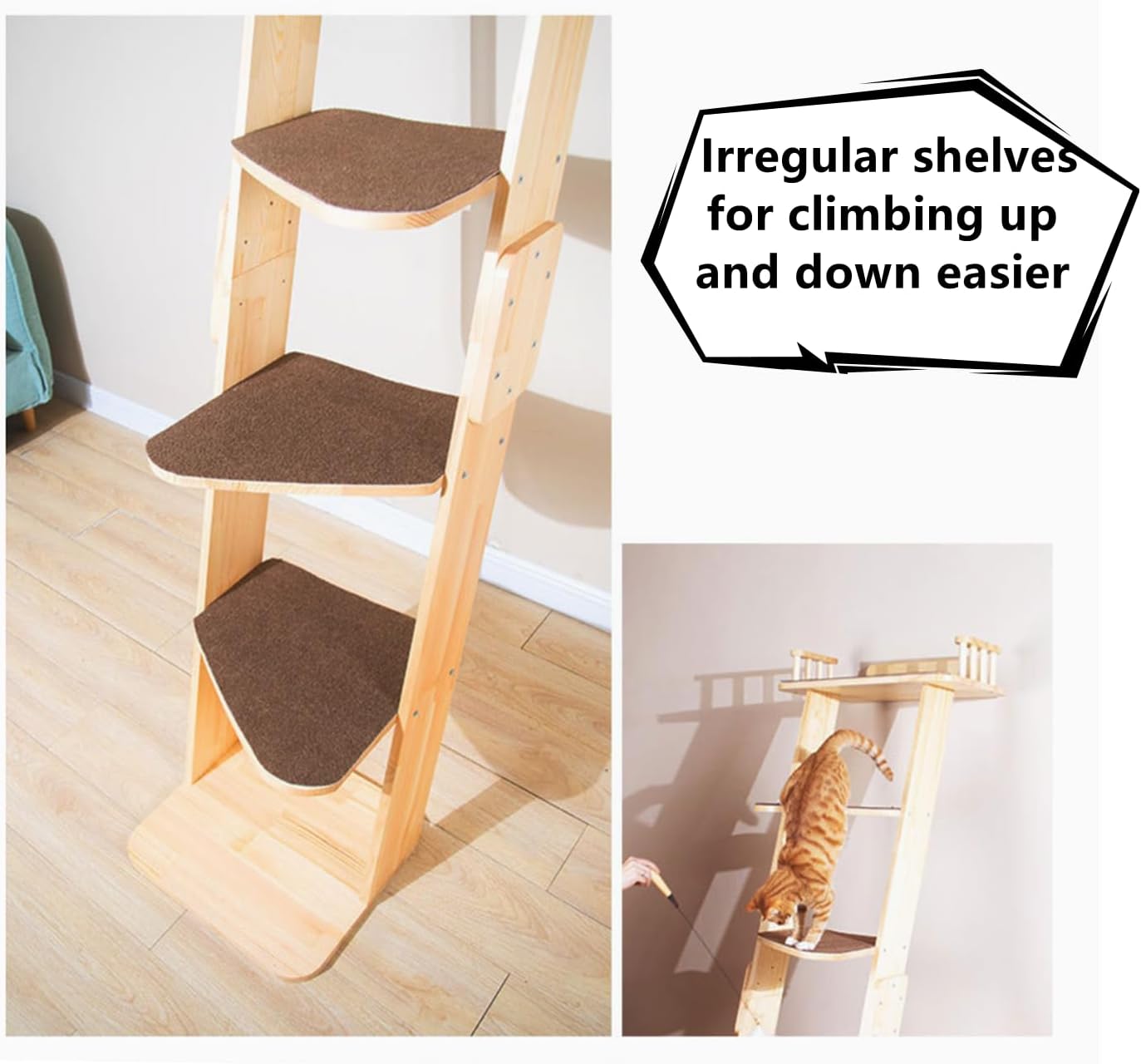 Modern 70“ Tall 6 Level Leaning Cat Climbing Ladder Tree Tower Condo with Large Perch Platform for Window Wall, Solid Wood Cat Furniture Shelves for Multiple Cats