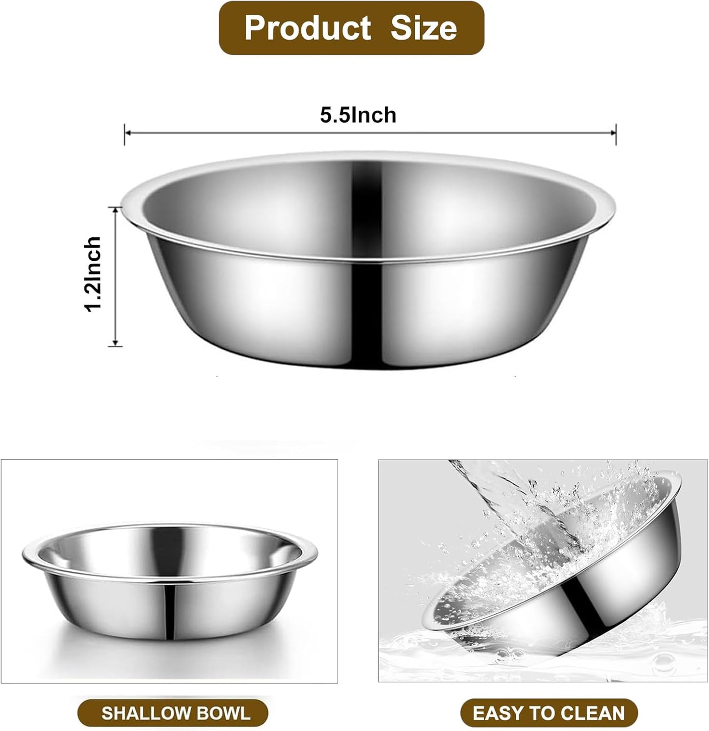 Stainless Steel Raised Cat Food Bowl for 2 Bowls, 5.5-Inch Replaceable Cat Bowl, Pack of 2 （Not fit 4.7 inch 3 Bowls）