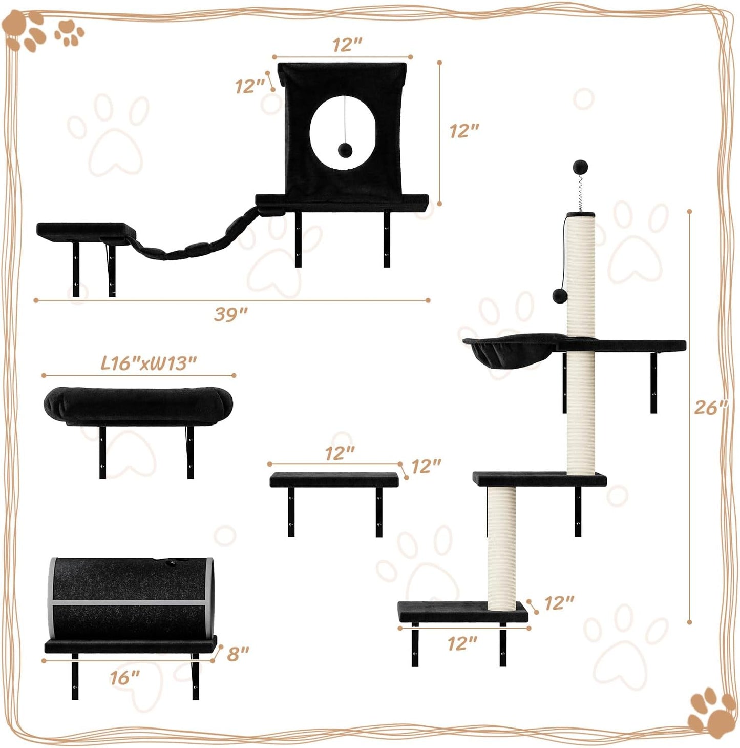 NUNU LAB 7-in-1 Wall Mounted Cat Climber Set, Cat Furniture with House, Tunnel, Bridge, Steps, Scratcher, Hammock, Shelves for Indoor, Black