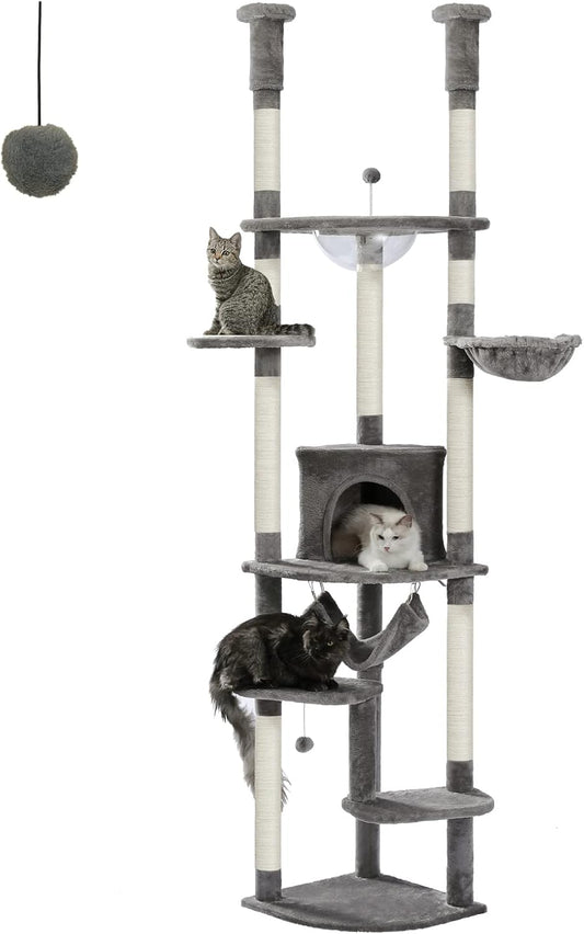 PEQULTI Floor to Ceiling Cat Tree 92.9’’-101.6’’ Height Adjustable Cat Tower Tall Kitty Climbing Play House with Scratching Posts, Cozy Condo, Perches and Large Hammock for Indoor Cats Gray