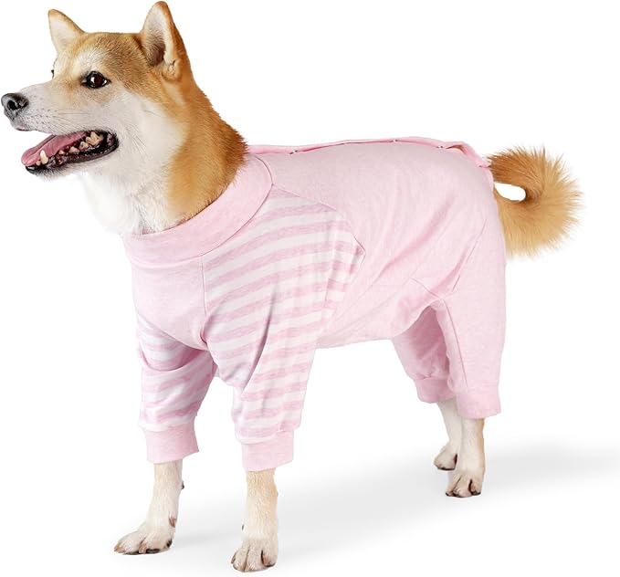 Dog Recovery Suit, Abdominal Wound After Surgery Wear, Anti Licking Bodysuit with Snaps, E-Collar & Cone Alternatives, Striped Dog Spay Surgical Pajamas Prevent Shedding(Small, Pink)