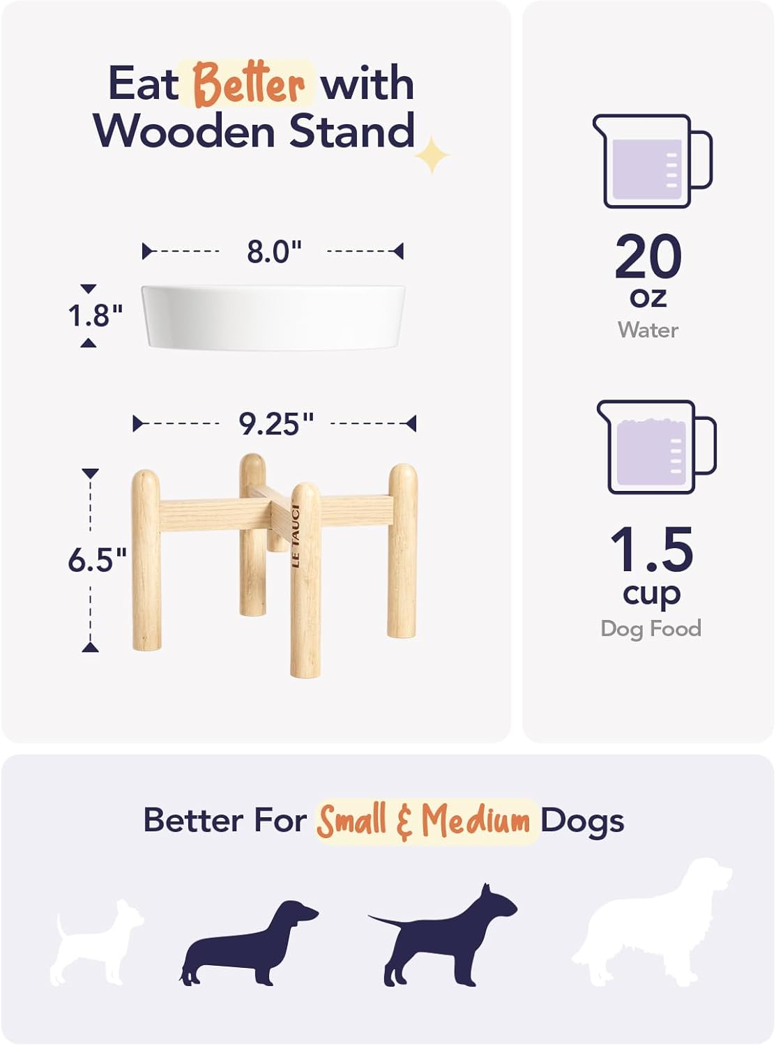 LE TAUCI Ceramic Slow Feeder Dog Bowls Elevated, 1.5 Cups Raised Dog Bowl with Wooden Stand for Small Medium Breed to Slow Down Eating, Puzzle Food Bowl,Angel White