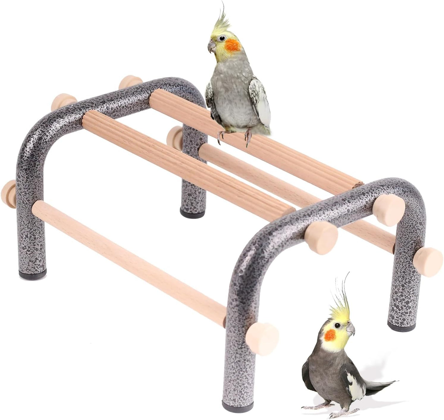 Small Bird Training Perch Table Stand for Parakeet Budgies Cockatiel Conure, Rustproof Durable Heavy Duty Metal Frame with 4 Wooden Bars for Bird to Play Climb and Exercise Toy