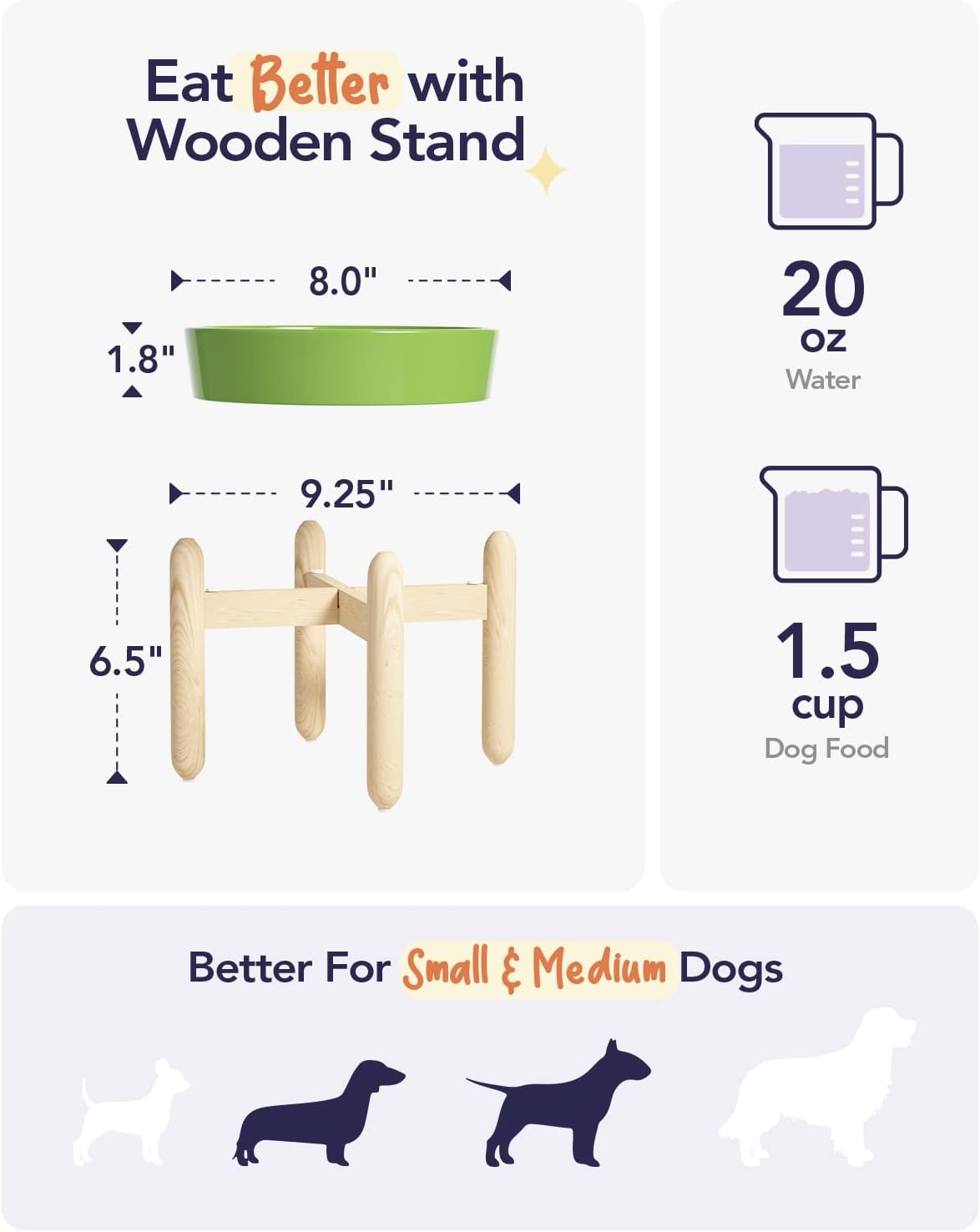 LE TAUCI Ceramic Slow Feeder Dog Bowls Elevated for Small and Medium Breed, Dog Bowls with Wooden Stand, 1.5 Cups Pet Dishes to Slow Down Eating, Anti-Gulping Pet Feeding Dishes, Clover Green