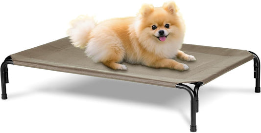 Elevated Dog Bed Outdoor, Medium Raised Cooling Dogs Cot, Lifted Pet Beds with Durable Breathable Teslin Mesh, Pet's Hammock with Non-Slip Feet, 35 inch Brown