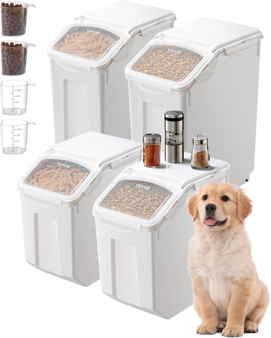 VEVOR Rice Storage Container, 3.5Gal/15Lx2 + 4.5Gal/20Lx2 Large Dog Food Dispenser Bin, Kitchen Ingredient Grain Cereal Bin, Pet food Containers with Wheels, 4 Measuring Cups, Airtight Lid, 4 Pack
