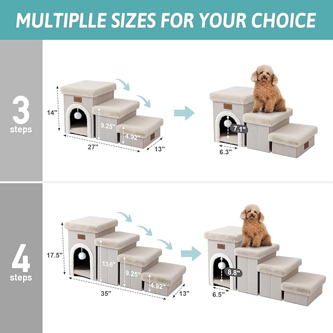 Dog Stairs for Small Dogs with Storage and Condo, 17.5" H Foldable Pet Stairs for Small Medium or Puppy Dogs and Older Cats, Dog Steps for Bed or Couch, 13x35x17.5 inch, 4 Tiers, Beige