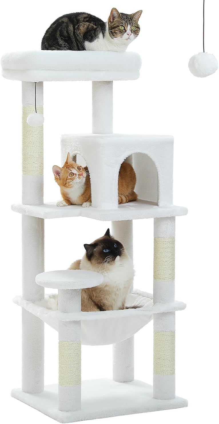 White Cat Tree for Indoor Cats, 45.7" Multi-Level Cat Tower with Large Metal Frame Hammock, Cat Condo with 4 Scratching Posts and Top Perch, White