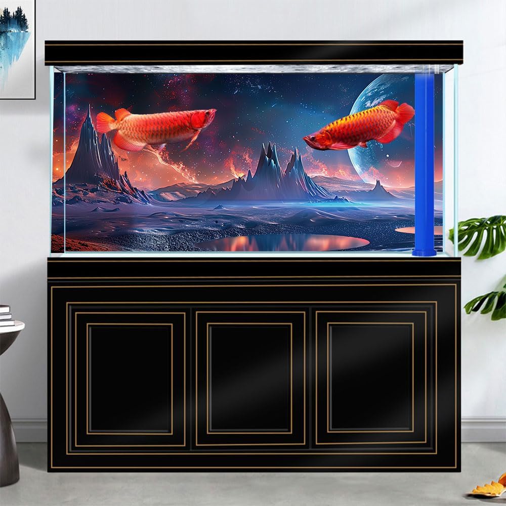 Scarlet Cosmic Aquarium Background,Cool Galaxy Parallel Space Themed Fish Tank Background, Tropical Desert Terrarium Background 24X16IN with 8 EVA Double-Sided Tape