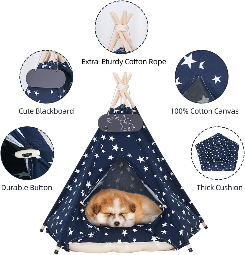 Pet Teepee Tent for Dogs & Cats Dog Bed with Thick Cushion Puppies Play House Removable and Washable