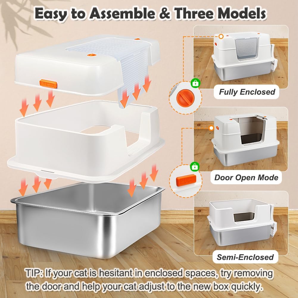 Vivifying Stainless Steel Litter Box with Lid, XL Side Entry Extra Large Litter Box for Big Cats & Kitty, Removable Enclosed Metal Cat Pan with High Sided Enclosure, Scoop, Mat, Footboard (Beige)