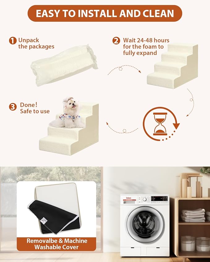 Dog Stairs for Small Dogs,13" H,3-Step Dog Steps for High Bed,Couch,Pet Stairs for Dogs and Cats Climbing with Non-Slip Bottom and Washable Cover,Beige