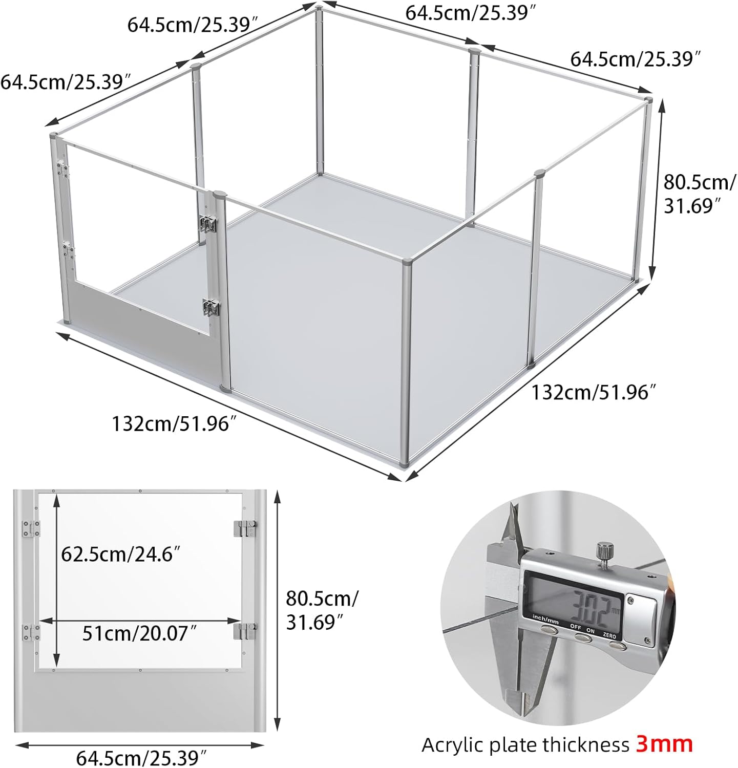 Dog Clear Playpen Fence Kennel: 32” Extra Tall Indoor Pet Birthing Cage Whelping Box with Waterproof Fertility Pad - 52”x52” Extra Large Dogs Exercise Crate Pen Made by Acrylic and Aluminum Frame