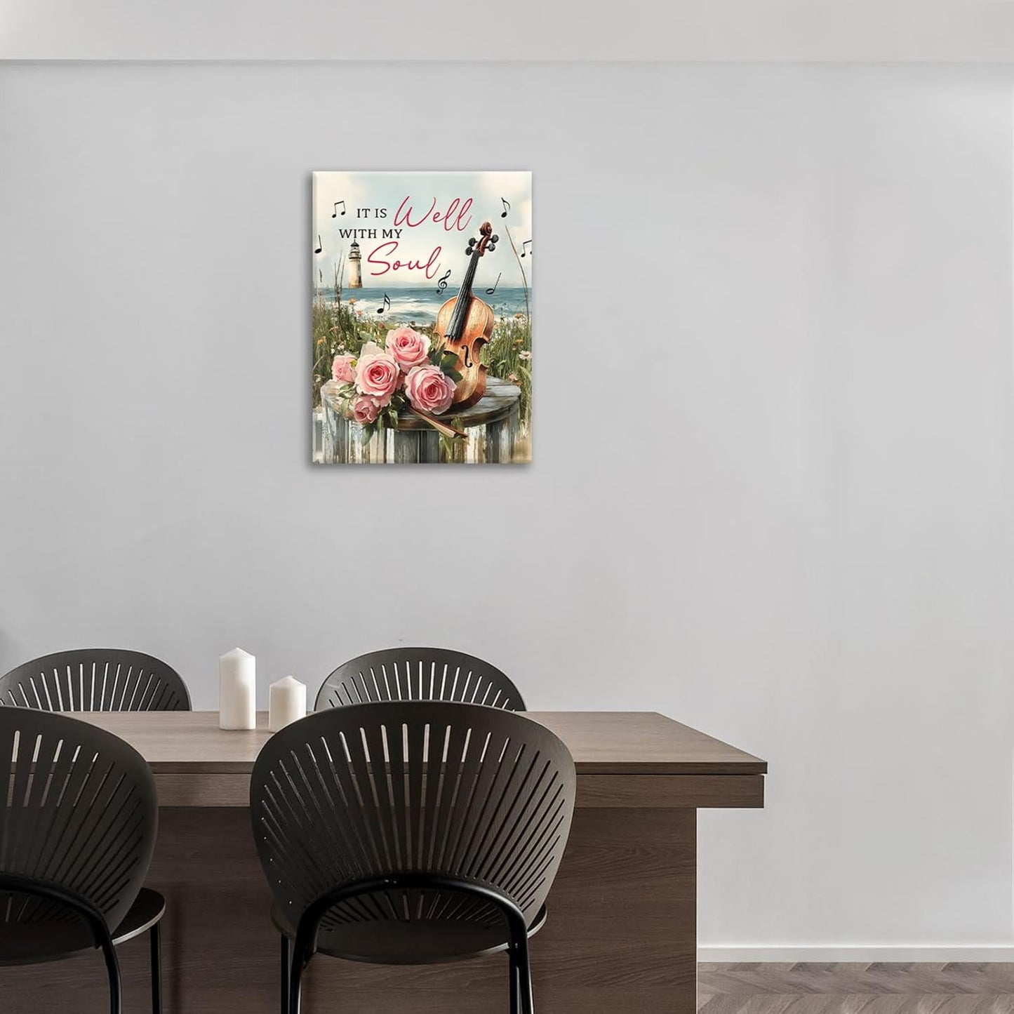 Violin Pictures Wall Art, Music Rustic Country Inspirational Bathroom Wall Decor, Coastal lighthouse Framed Painting Rose Aesthetics Canvas Artwork for Bedroom Living Room Decorations 20"L x 16"W