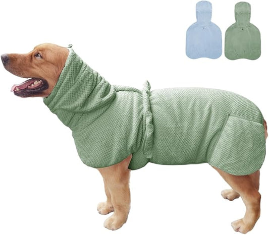 Medium to Large Size Dog Bathrobe, Quick Drying Super Absorbent Used for After Bathing, Warm Dog Towels, Adjustable Hoodies and Belts for Pet Dogs Bath Clothes Products (Green Jacquard, 4XL)