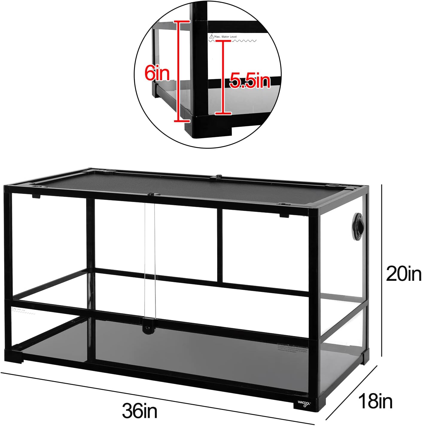 Large Reptile Tank 55 Gallon, 360°Full Vision Glass Reptile Terrarium with Top Mesh Lid for Beaded Dragon Lizard Gecko Snake Hermit Crab Use, 36"(W) X18(D) X20(H)