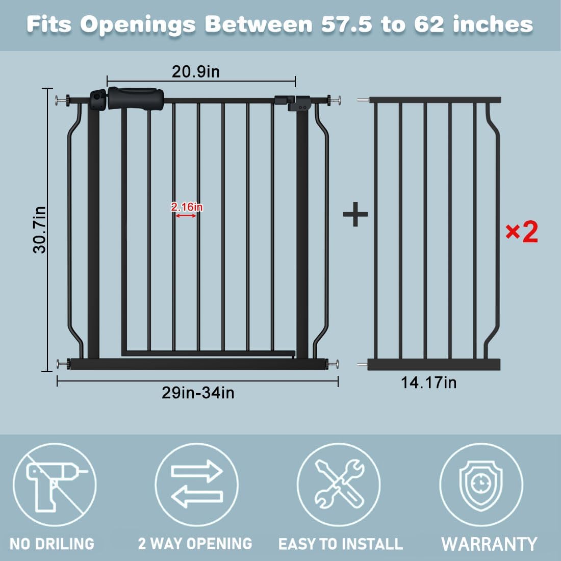 Extra Wide Baby Gate 57.5-62 Inch Black Walk THR Dog Gates Doorways House No Drill Pressure Mounted Auto Close Long Child Safety Gate for Kids and Pet
