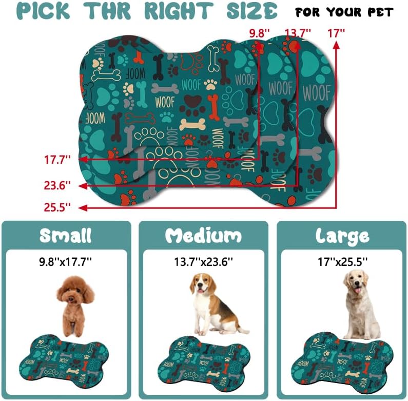Dog Food Mats for Floors Waterproof, Pet Feeding Absorbent Water Bowl Mat Cat Placemats Green Bone Shape 19 * 12 inch