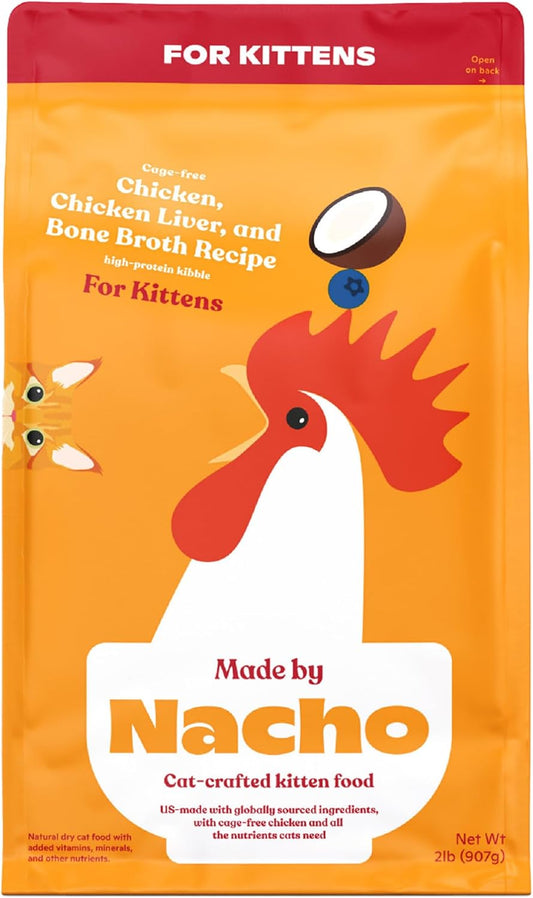Made by Nacho Kitten Dry Kibble Infused with Bone Broth, Healthy High Protein Cat Food, Cage-Free Chicken and Chicken Liver, 2lb Bag