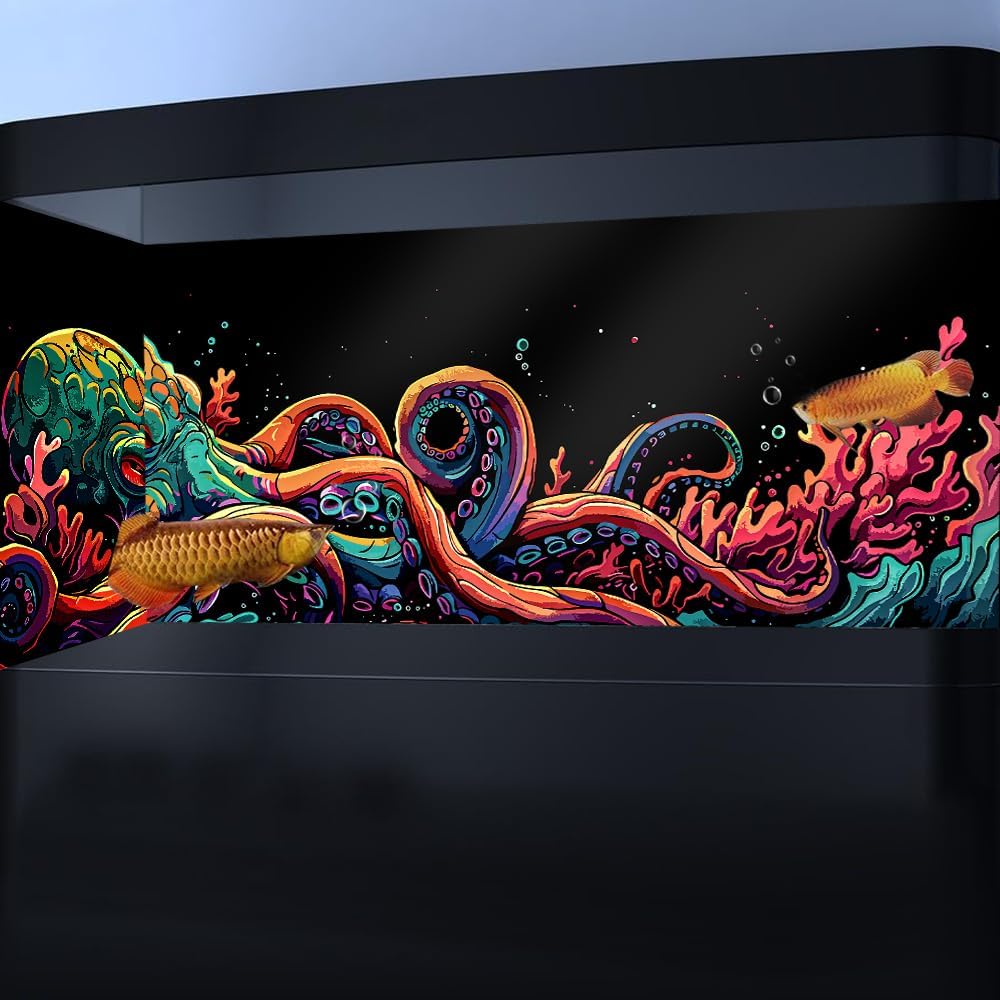 24X12IN Blacklight Octopus Sea Monster HD 3D Black Light Aquarium Background UV Reactive Background Terrarium Background with 10 EVA Double-Sided Tape