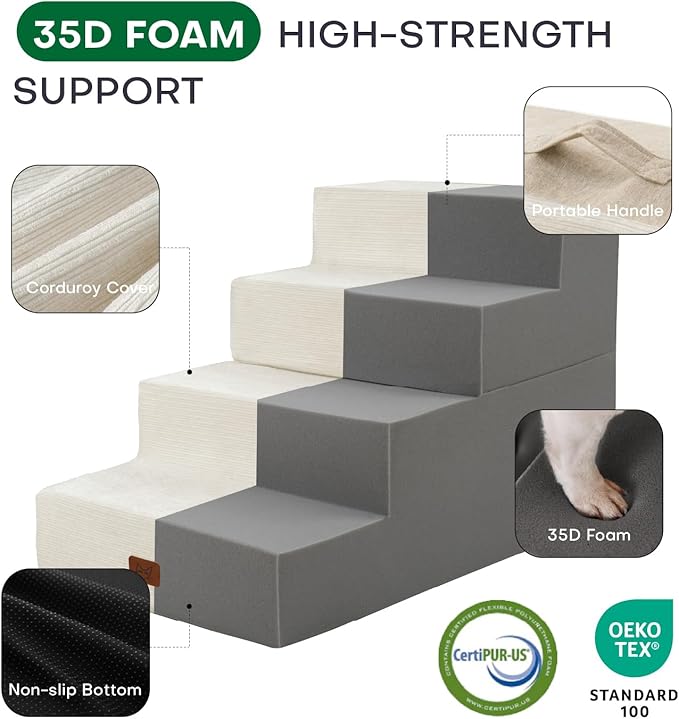 Dog Stairs for Bed, Dog Steps for Bed Couch Sofa, 35D Foam Pet Steps for Small Dogs and Cats, Extra Wide Pet Stairs with Non-Slip Bottom Beige, 3 Steps