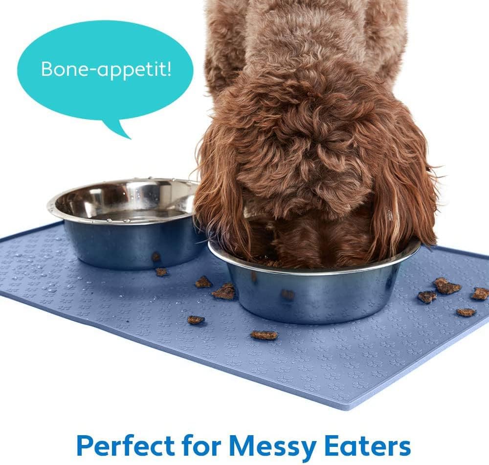MIGHTY MONKEY 100% Waterproof Dog Food Mat, Raised Edges Silicone Pet Feeding Placemat for Cat, Dogs, Pet Bowls, High Lipped Tray Prevents Water Spills, Food on Floor, Dishwasher Safe, 22x14, Lt Blue