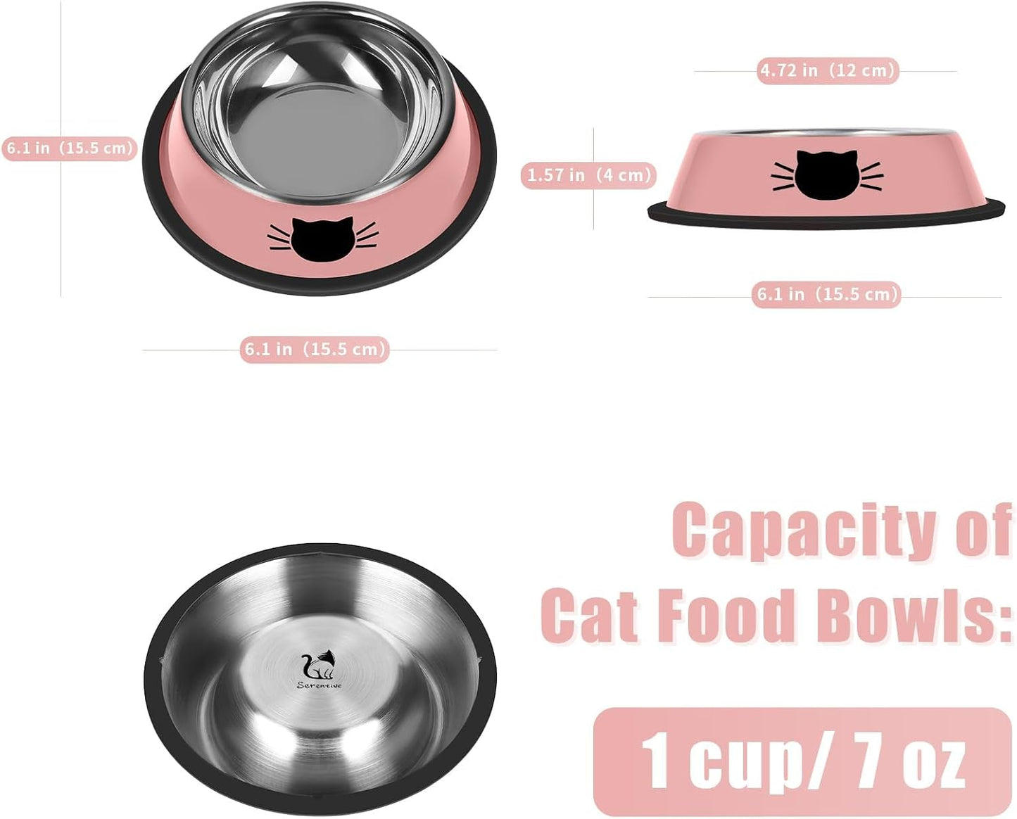 2Pcs Cat Bowls Non-Slip Stainless Steel Small Cat Food Bowls Unbreakable Thicken Cat Feeder 7 Oz Cat Dishes Suitable for Indoor Small Pets Removable Rubber Base Easily Clean Lovely Color