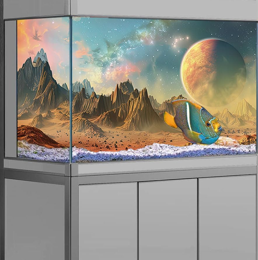 Cosmic Aquarium Background,Cool Galaxy Parallel Space Themed Fish Tank Background, Tropical Desert Terrarium Background 36X24IN with 8 EVA Double-Sided Tape