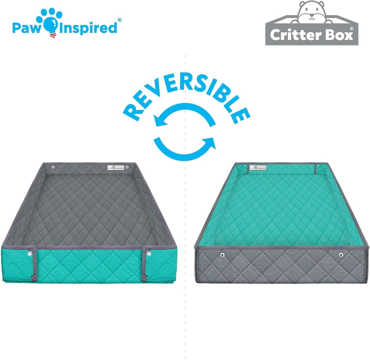 Paw Inspired Critter Box Washable Cage Liner, Reversible Fleece Bedding with Raised Sides for Ferrets, Guinea Pigs, Rats, Chinchillas, Small Animals (Critter Nation/Ferret Nation, Gray/Green)