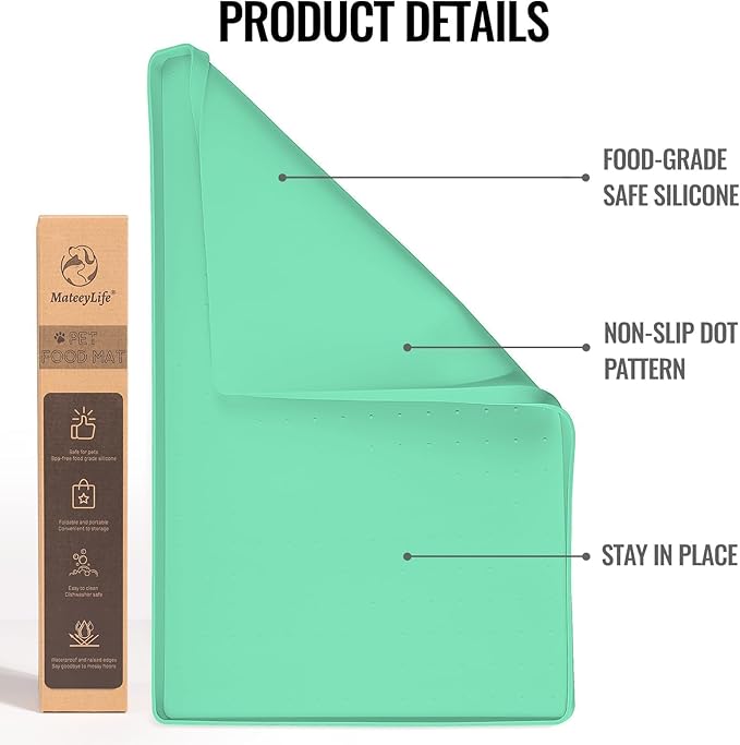 MateeyLife Dog & Cat Food Mat - Waterproof, Nonslip, Raised Edges, Silicone Tray for Messy Drinkers, 24"x16", Mint Green